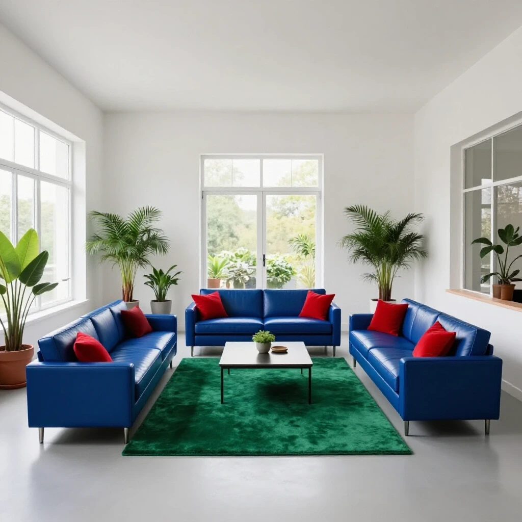 Spacious open floor plan living area featuring glossy deep blue furniture, vibrant emerald green rug, and crimson cushions with plants.