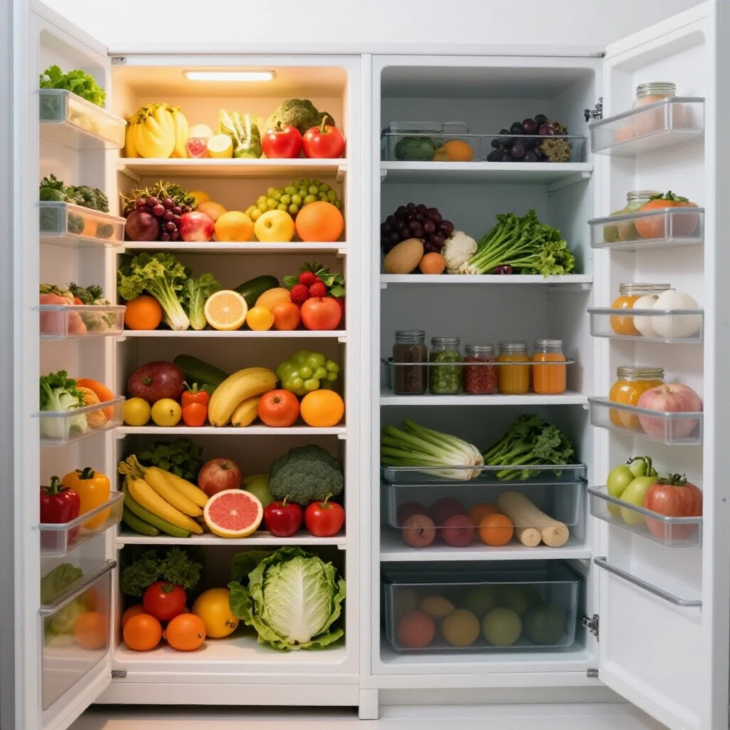 A split image showing a vibrant open pantry filled with fresh produce and a minimalist closed pantry for contrast.