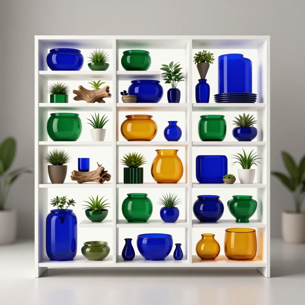 A serene open shelf filled with vibrant decor items and potted plants, evoking visual calm in home organization.