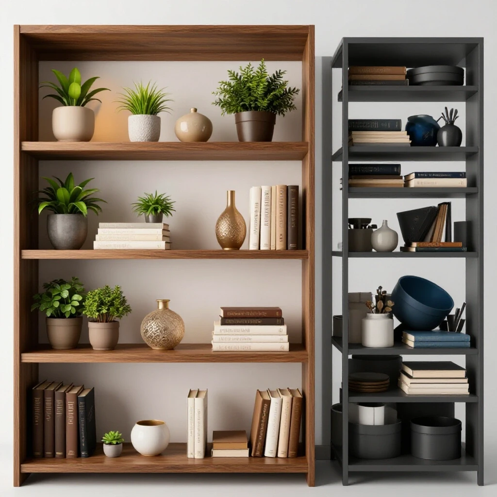 A stylistically contrasting open shelving setup showcasing a well-organized shelf on one side and a cluttered shelf on the other, emphasizing design choices.