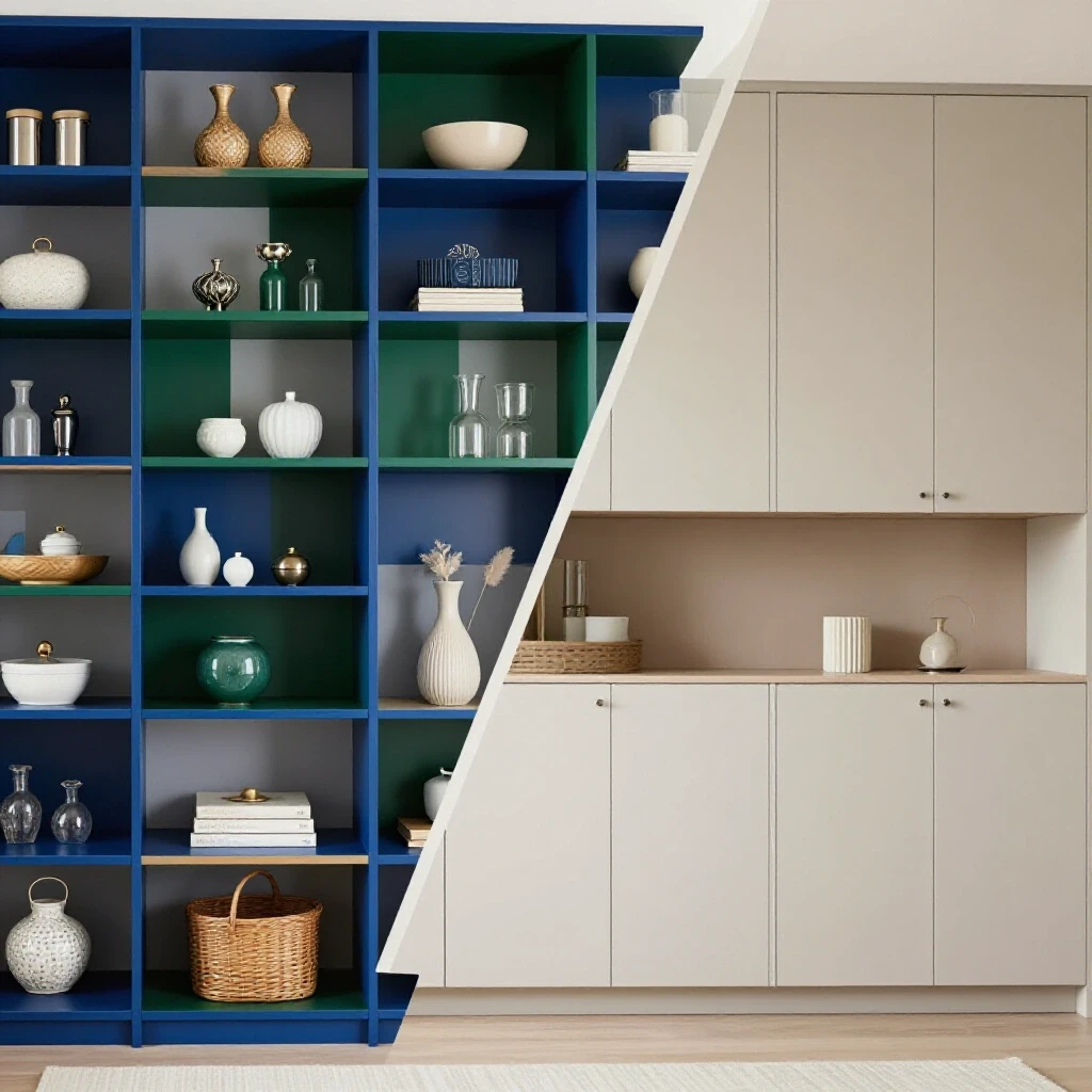 A split-image showcasing vibrant open shelving filled with decor contrasted against minimalist closed cabinets.
