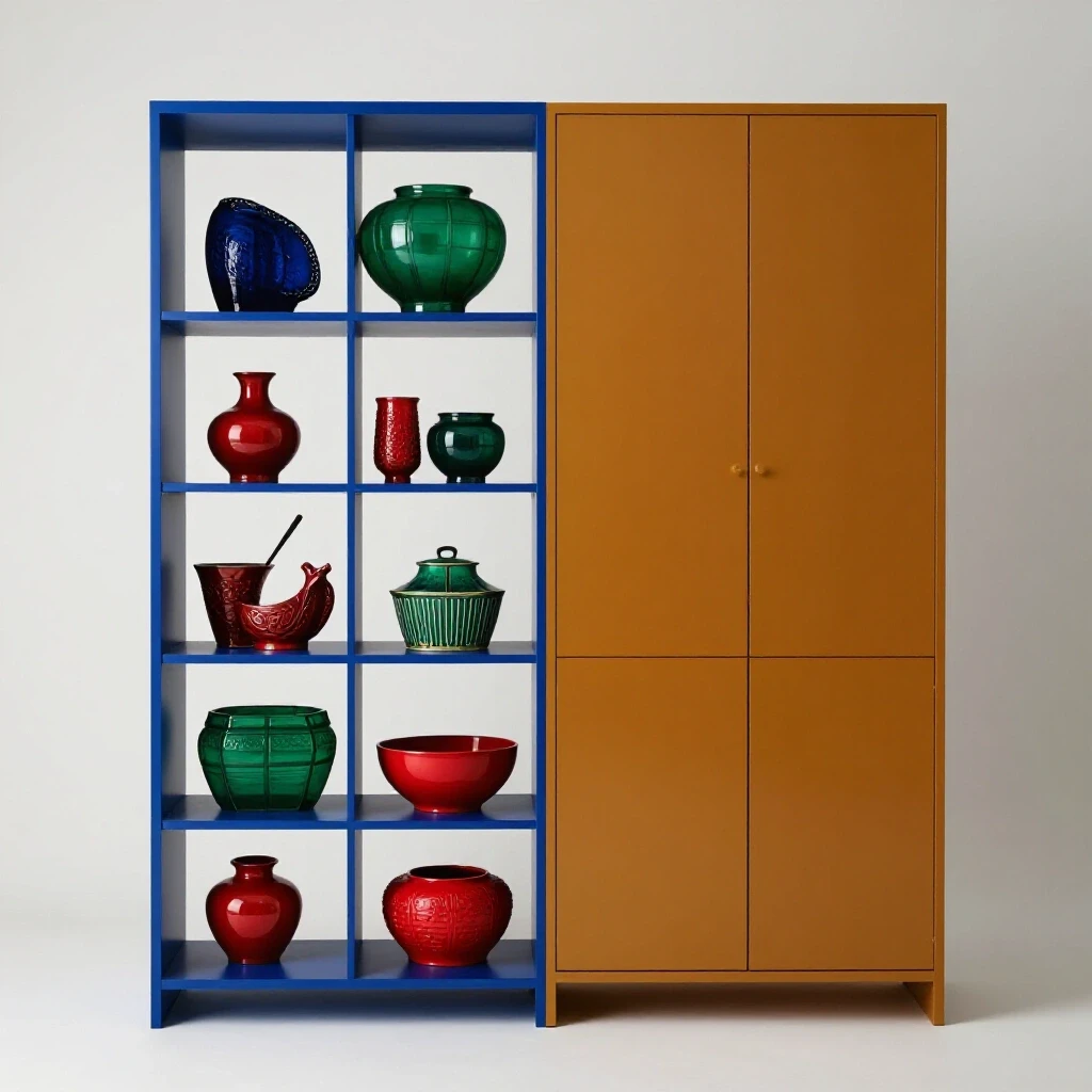 A dynamic display contrasting an organized open shelving unit with decorative items against a sleek closed storage cabinet.