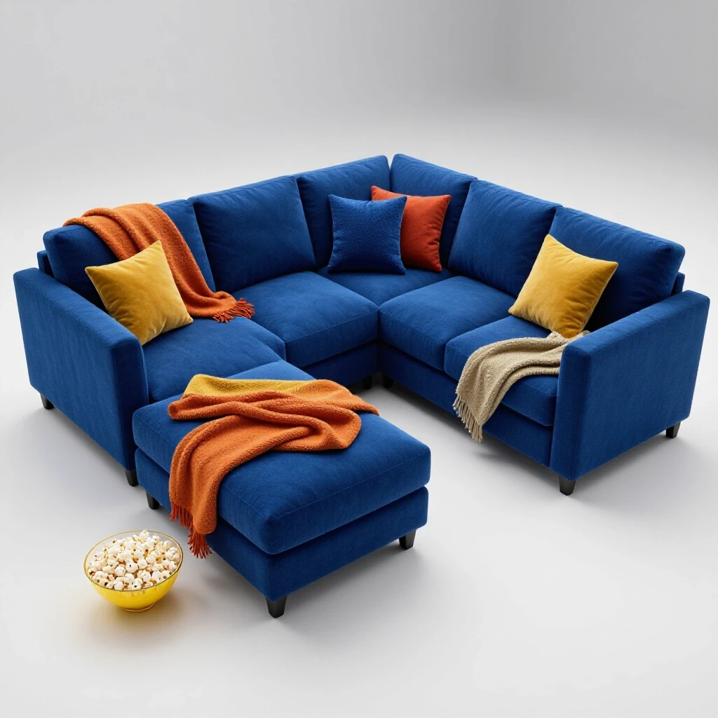 Cozy living room with L-shaped sectional sofa, vibrant blankets, and popcorn bowl for family movie night setup.