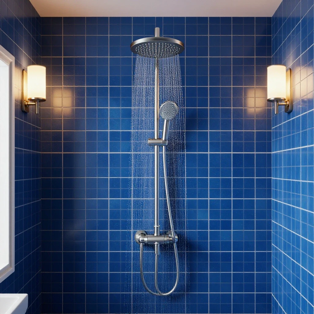 A luxurious bathroom showcasing a modern shower head with warm lighting and deep blue tiles.