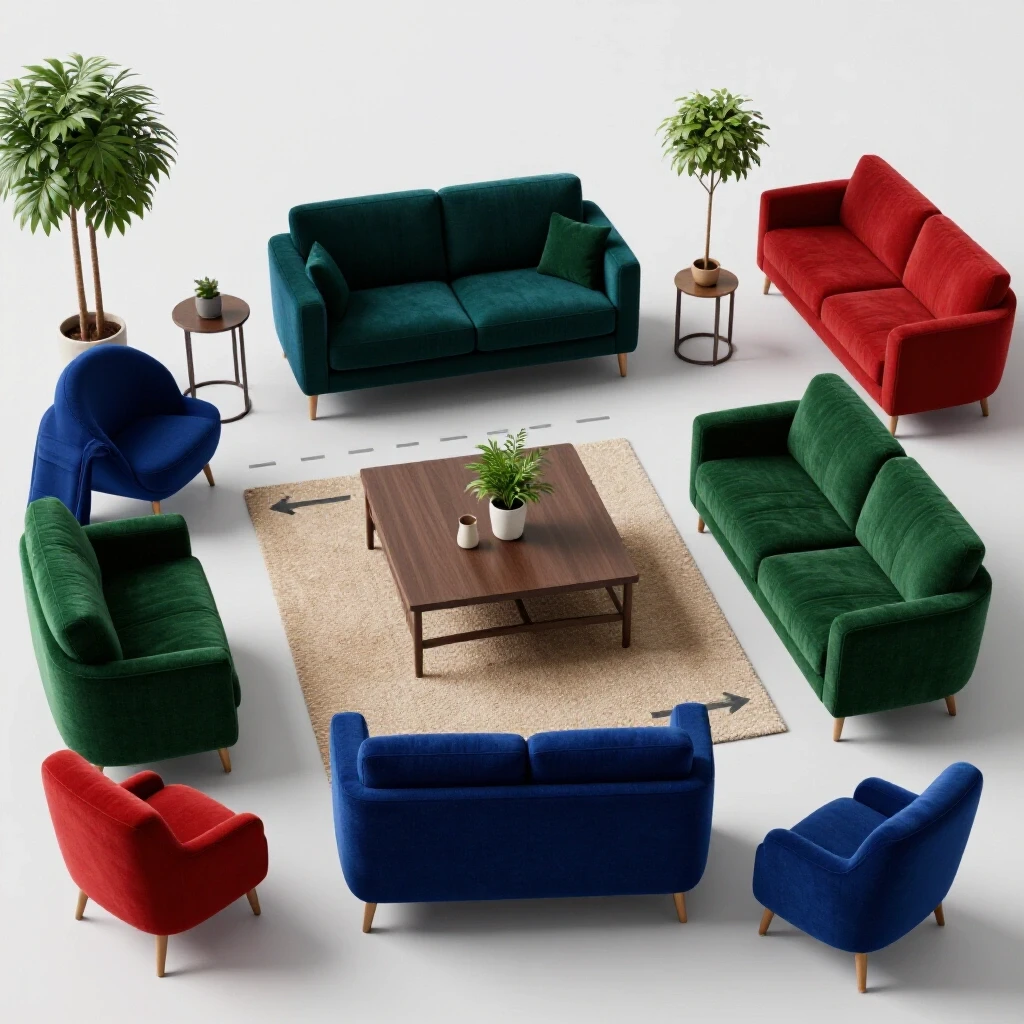 Cozy living room layout emphasizing traffic flow with vibrant furniture and clear pathways.