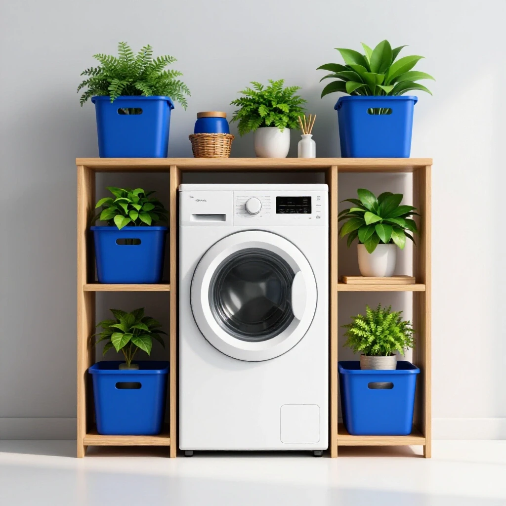 A bright and stylish small laundry area with efficient storage solutions, modern appliances, and greenery.