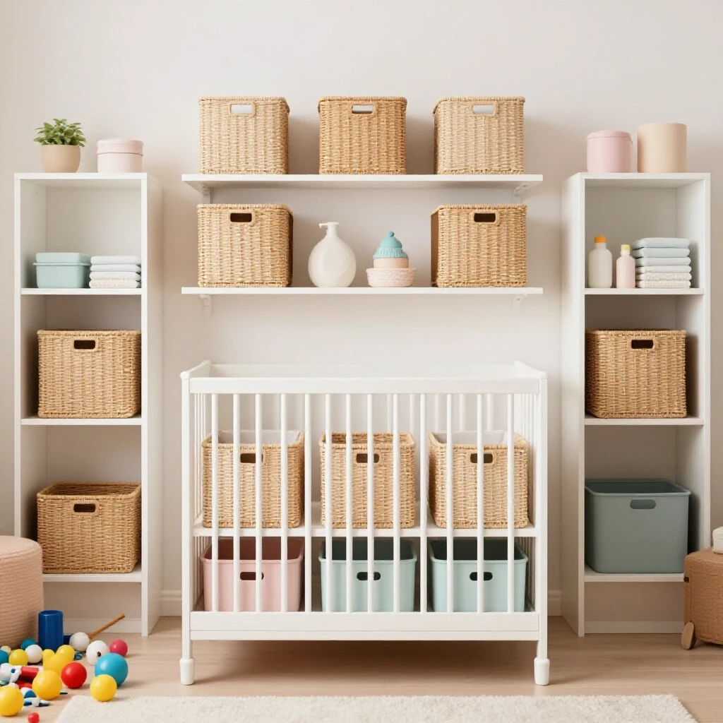 Organized nursery showcasing pastel storage solutions and a small chaotic area of toys for clutter-free living.