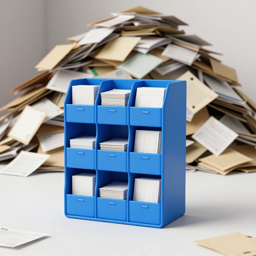 A beautifully organized entryway highlighting a vibrant blue organizer against a blurred clutter of mail and papers.