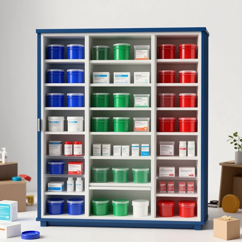 A vibrant, organized medicine cabinet with color-coded containers next to a messy area, showcasing an effective organization transformation.