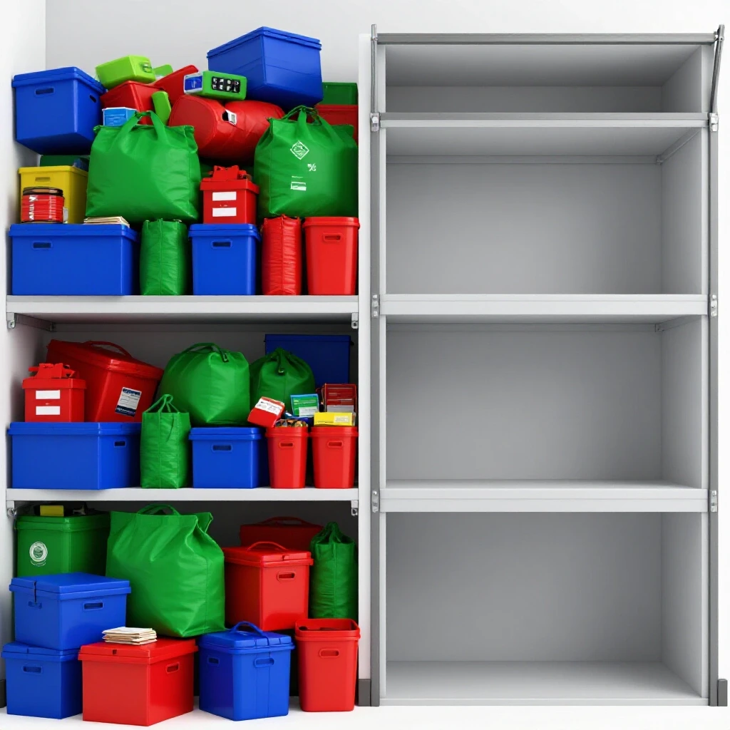 An organized garage space with colorful donation piles on one side and empty storage areas on the other, highlighting decluttering.
