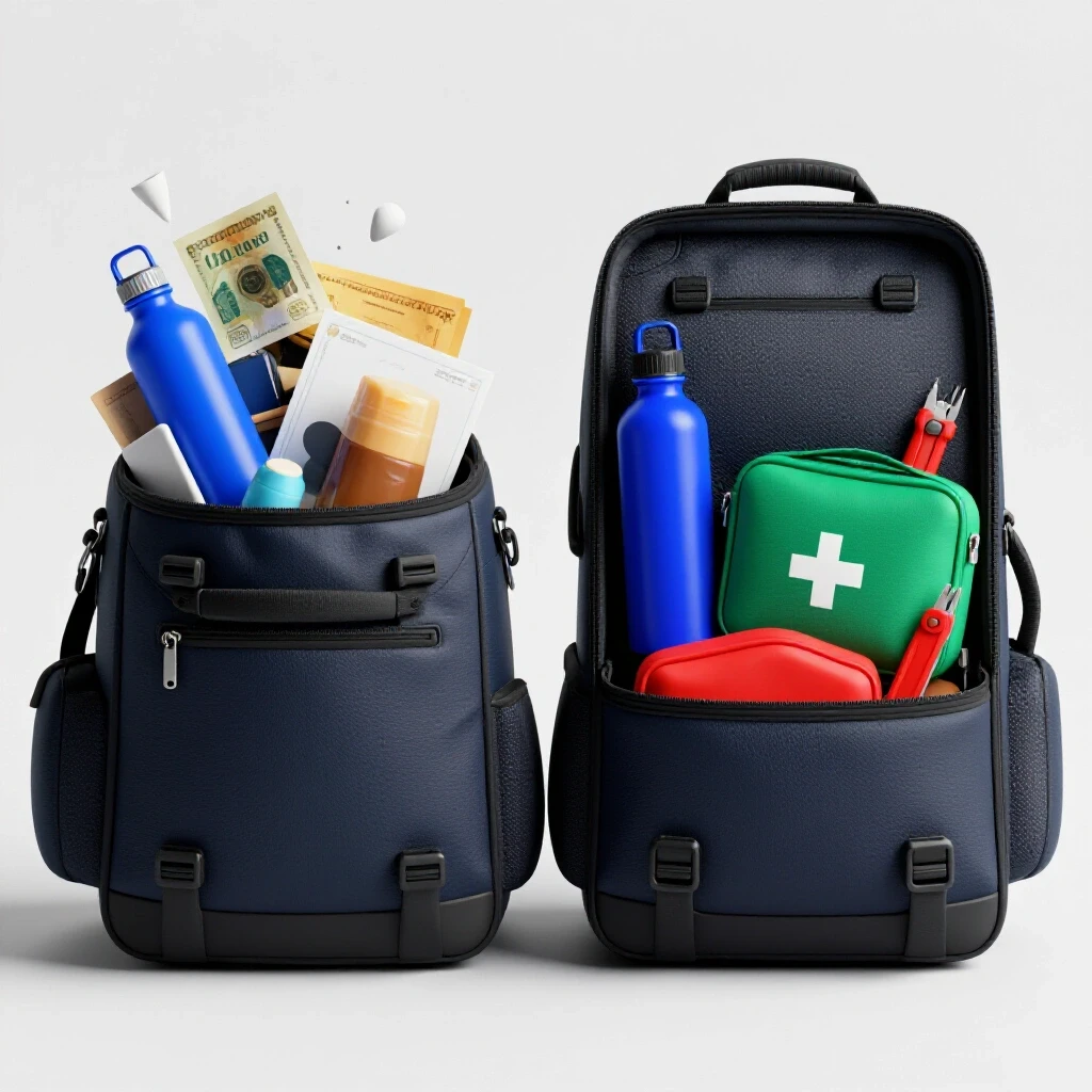 A vivid comparison of a chaotic go-bag overflowing with items on the left and a neatly organized go-bag on the right, highlighting preparedness.