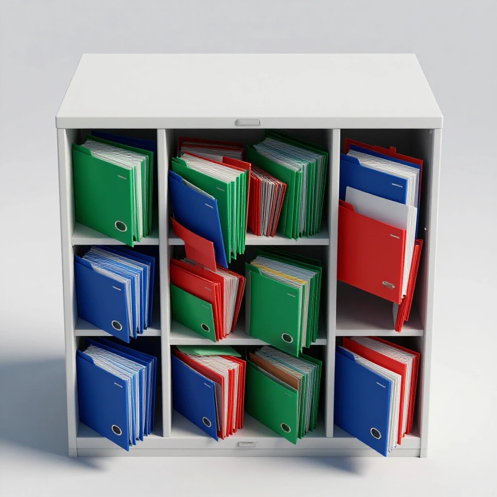 A vibrant open filing cabinet filled with colorful folders against a bright, orderly background, symbolizing organization.