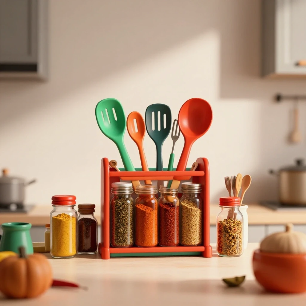 A beautifully organized kitchen with a vibrant spice rack and colorful utensils against a neutral background, highlighting efficiency.