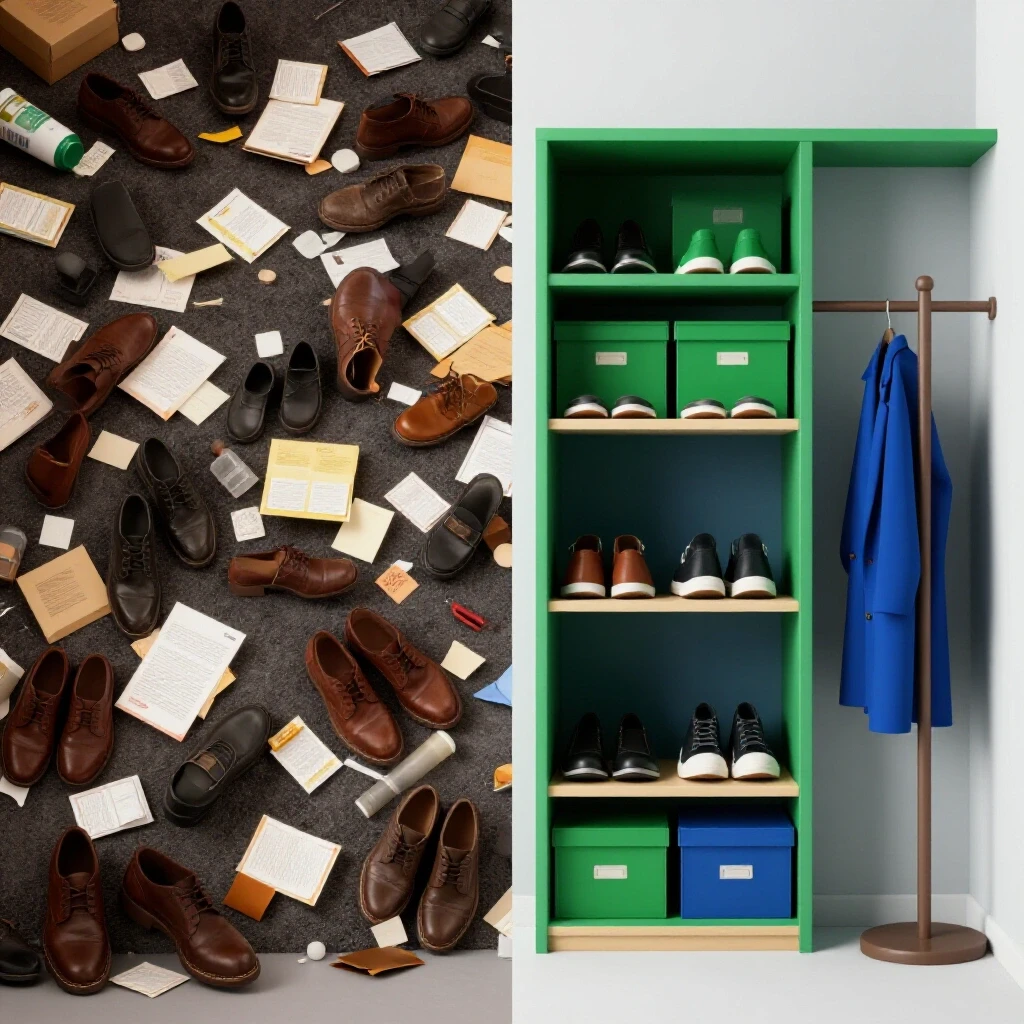 A split image showing a cluttered entryway on one side and a neatly organized space on the other, contrasting chaos with calm.