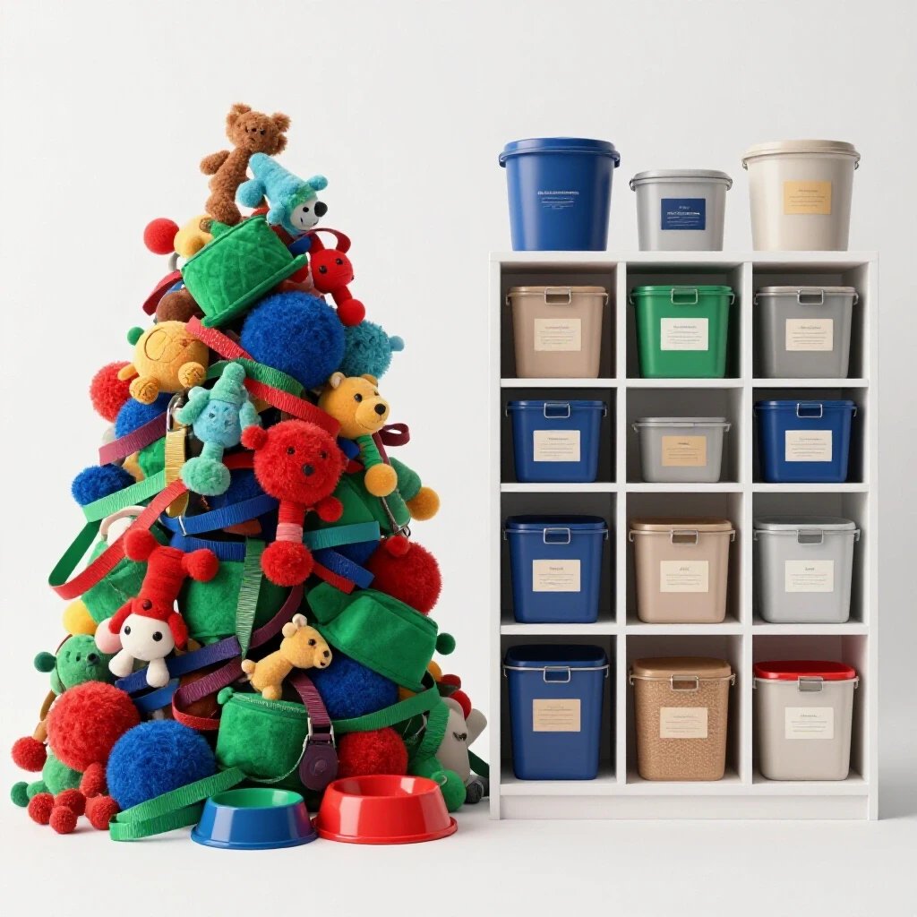 A vivid 3D-rendered image contrasting a chaotic pile of colorful pet supplies with an organized storage area in a bright studio setting.