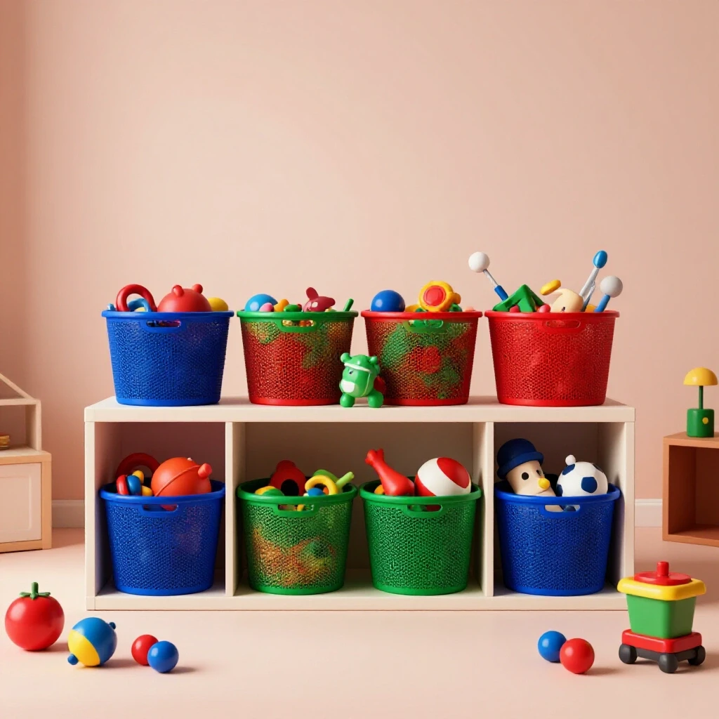 A vibrant playroom scene with organized toys in bright colors and whimsical storage solutions against a soft pastel background.