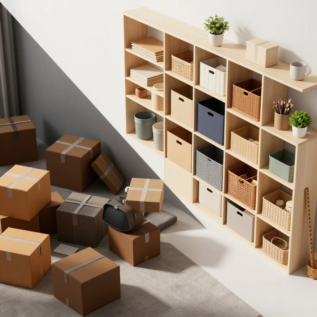 A split scene showing a chaotic room on the left with cluttered boxes and an organized, stylish living space on the right, illustrating an efficient moving process.