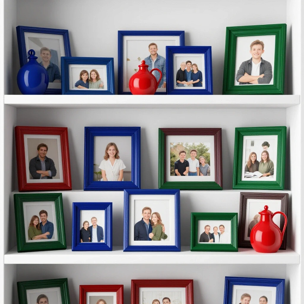 A beautifully arranged shelf showcasing sentimental items like framed photos and trinkets in rich colors against a light backdrop.