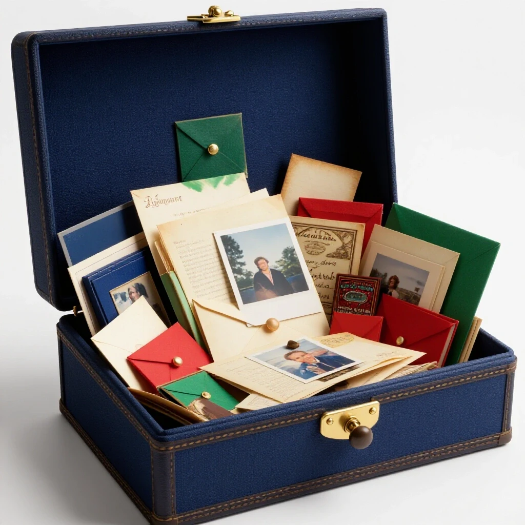 An open keepsake box overflowing with colorful letters, photos, and nostalgic mementos, set against a bright white background.