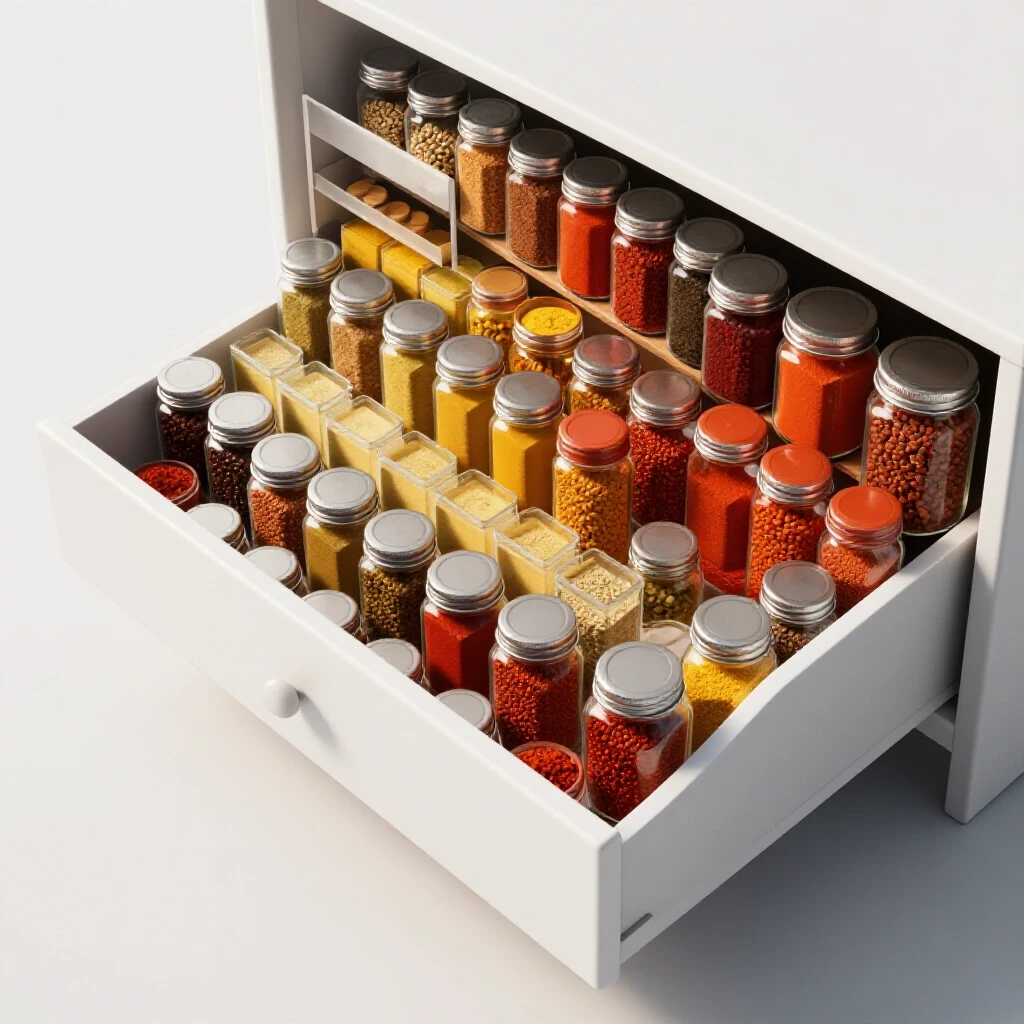 A beautifully organized spice drawer with colorful jars arranged in a gradient, set against a chaotic drawer backdrop.