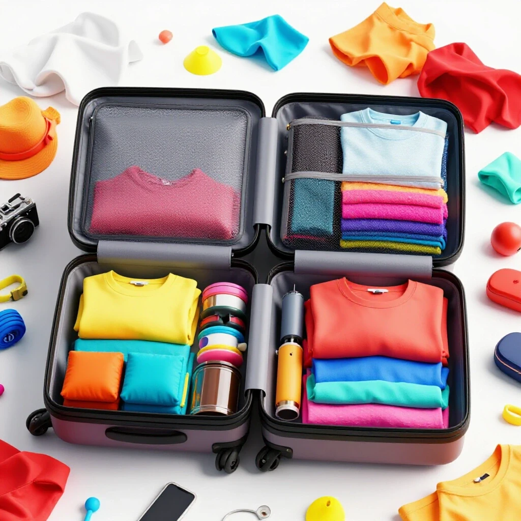 An open suitcase filled with colorful travel essentials against a chaotic background of disorganized items, showcasing effective storage.