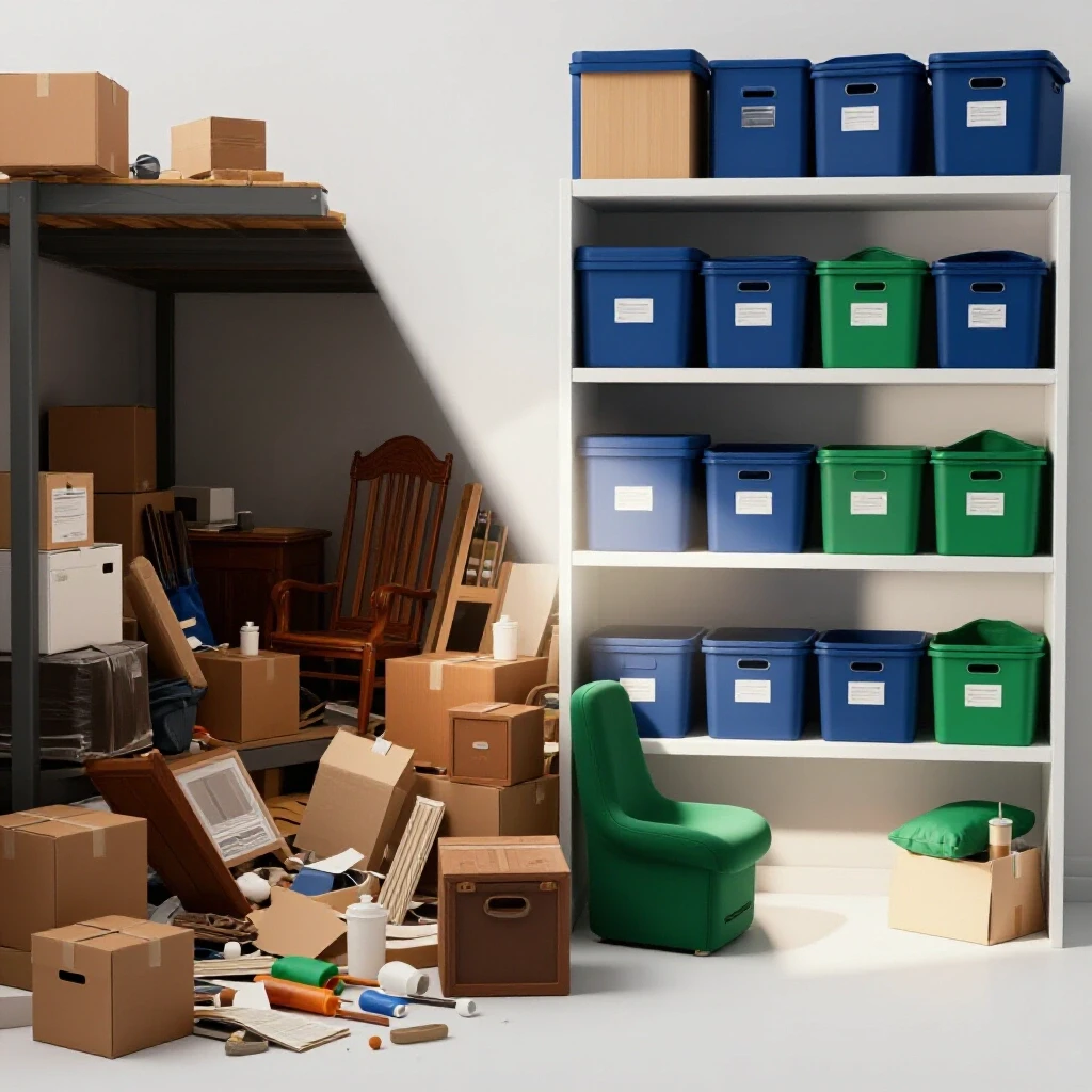 A contrasting image of a cluttered basement on one side and an organized, serene space on the other, evoking transformation.