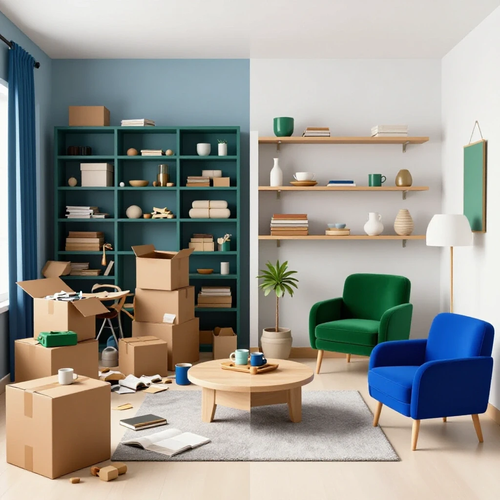 A split-screen image contrasting a cluttered room with unpacked boxes and a tidy organized space with vibrant decor.