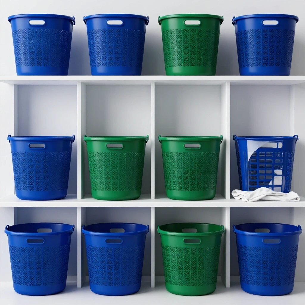 A neatly organized laundry room showcasing vibrant laundry baskets and a clean workspace, emphasizing order and efficiency.