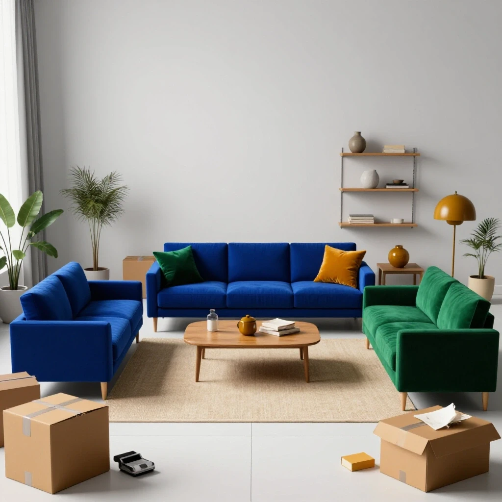 A beautifully organized living room showcasing a transition from clutter in the foreground to an orderly space in the background, emphasizing home organization.