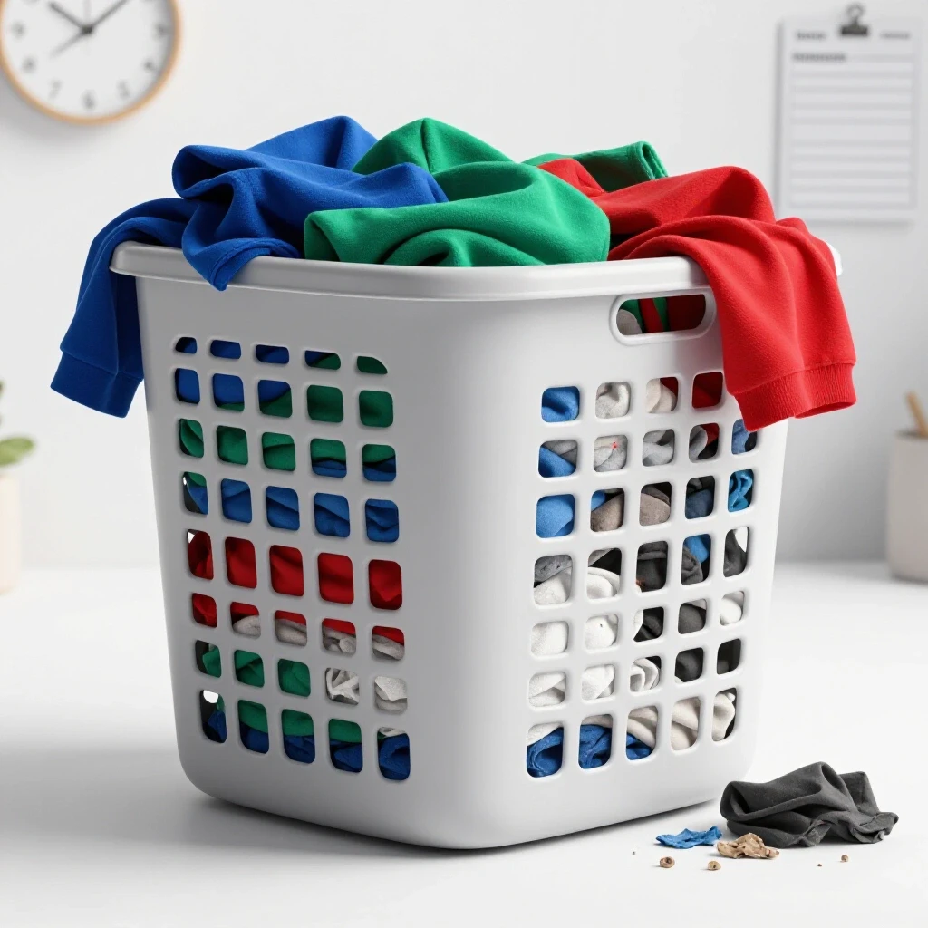 A divided laundry basket showing organized clean clothes on one side and a chaotic pile of dirty laundry on the other against a bright background.