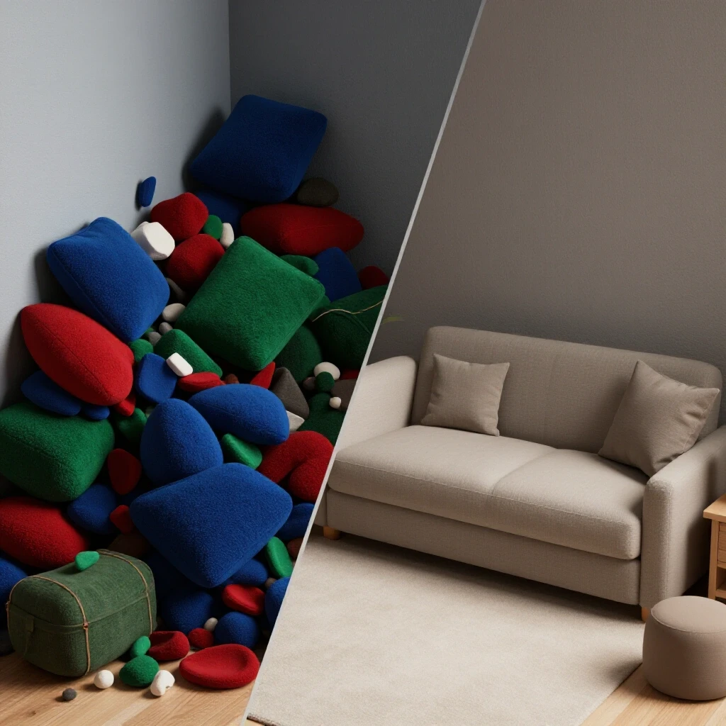 Visual representation of contrasting cluttered versus organized spaces, showcasing transformational organization methods.