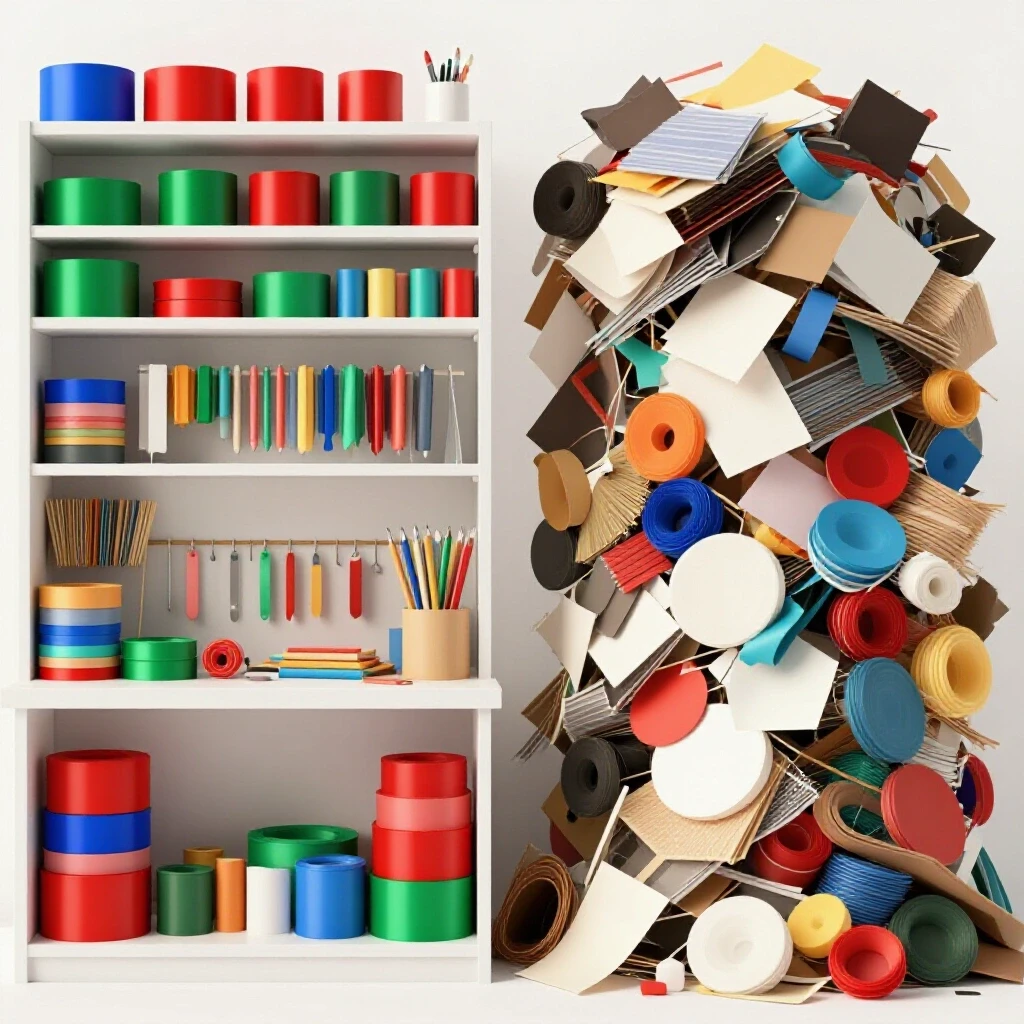 A visually stunning craft space showing organized colorful supplies on one side and a cluttered pile of items on the other.