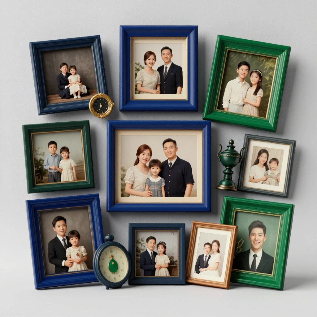 A beautifully arranged collection of family keepsakes including vintage photos and heirlooms on a soft gray fabric backdrop.