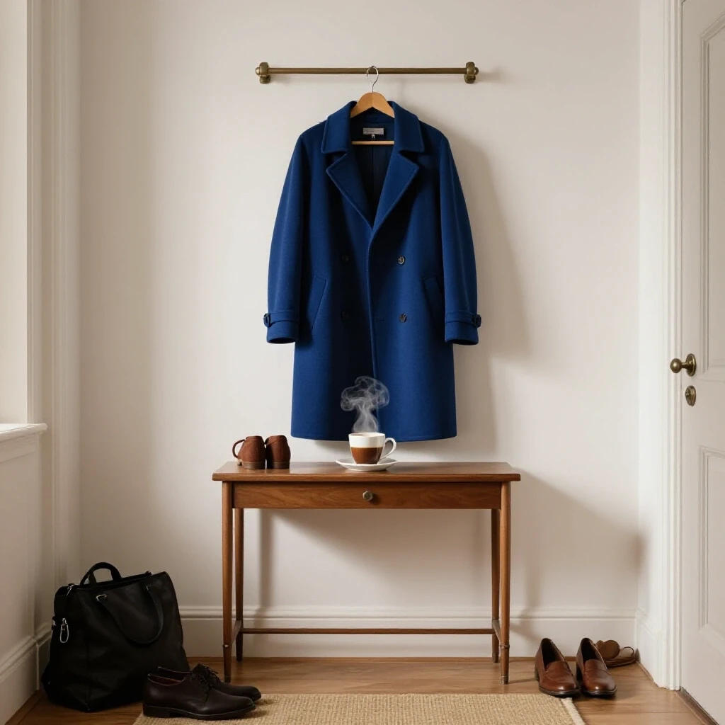 A serene entryway scene showcasing a neatly hung coat and a steaming cup of coffee, representing calm in busy mornings.