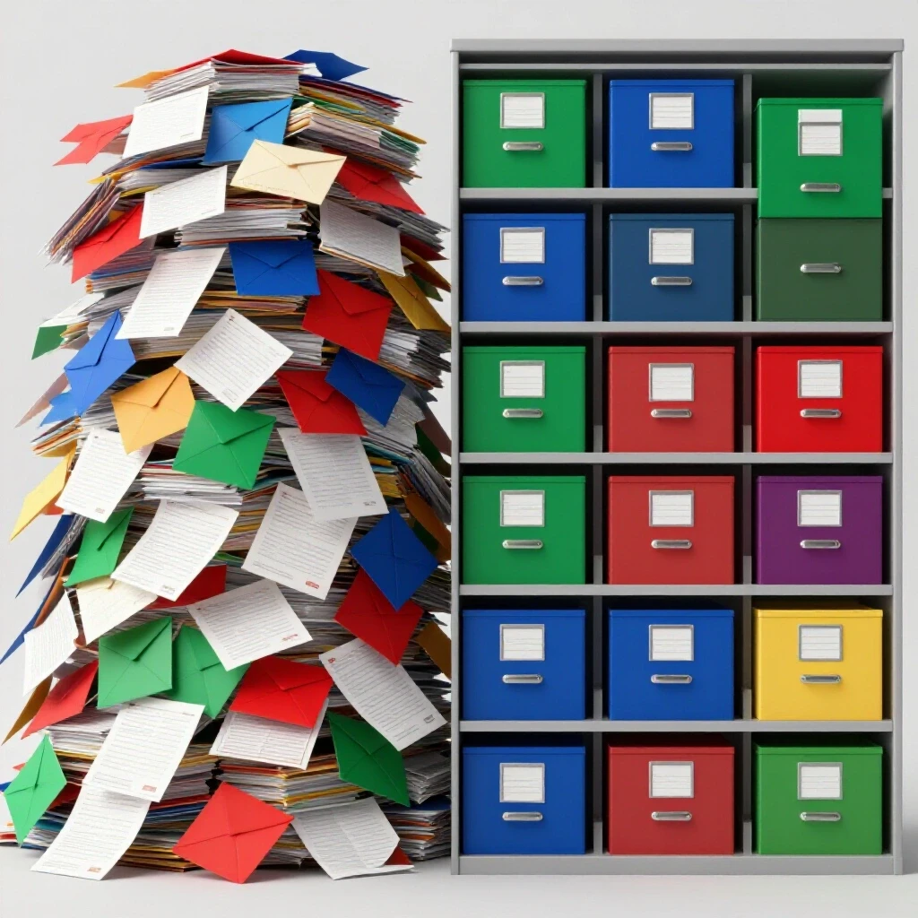 A visual representation showing a chaotic pile of colorful mail transforming into a neatly organized filing system, emphasizing organization.