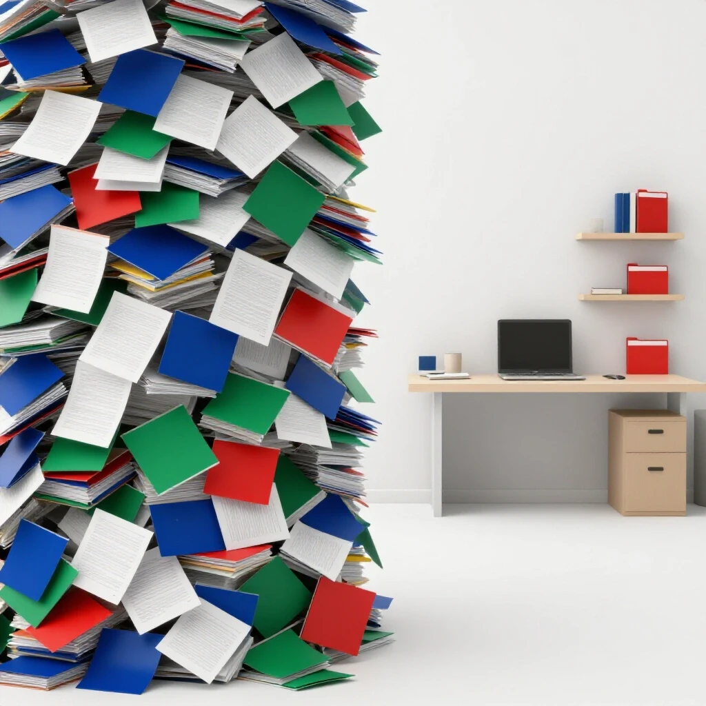 A captivating transformation of office clutter from chaotic papers to a peaceful organized workspace with labeled storage.