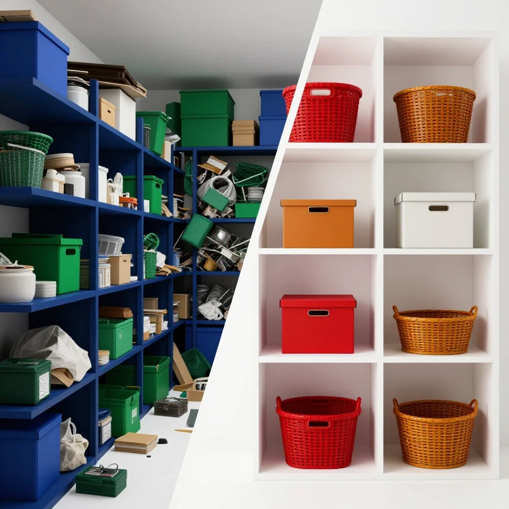 An image depicting a transformation from chaotic storage to an organized space, showcasing vibrant colors and sharp contrasts.