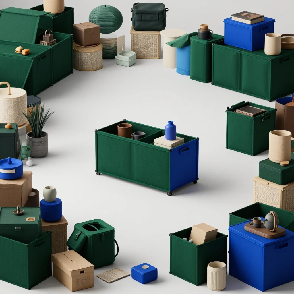 A vibrant 3D-rendered image showing a contrast between a cluttered space and an organized storage area, embodying practical aesthetics.