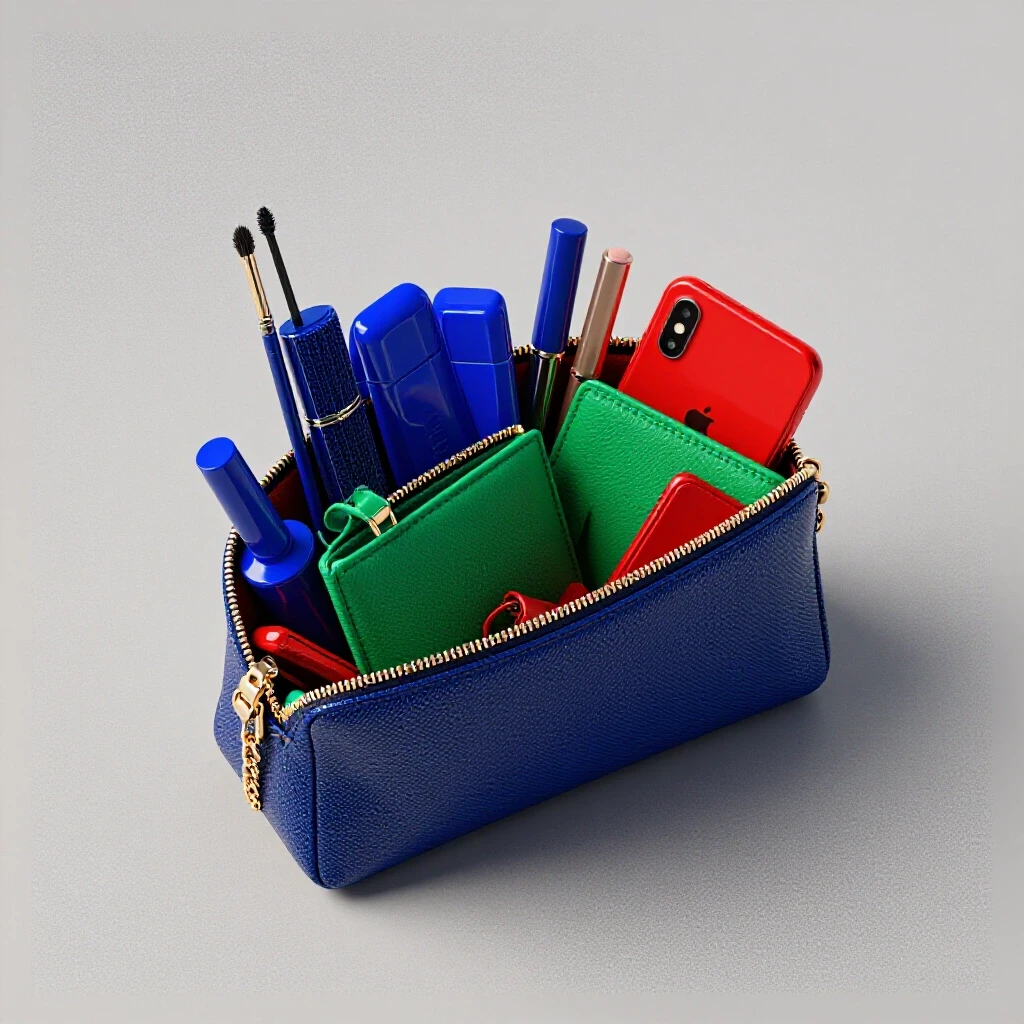 An open stylish purse filled with colorful everyday items, contrasting chaotic and organized sections, on a bright white background.