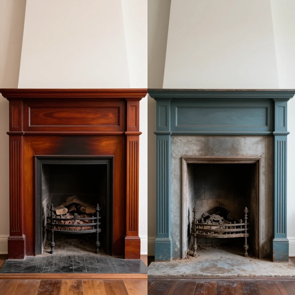A striking split-image showing a beautifully restored vintage fireplace on the left and a dilapidated one on the right, highlighting the restoration contrast.