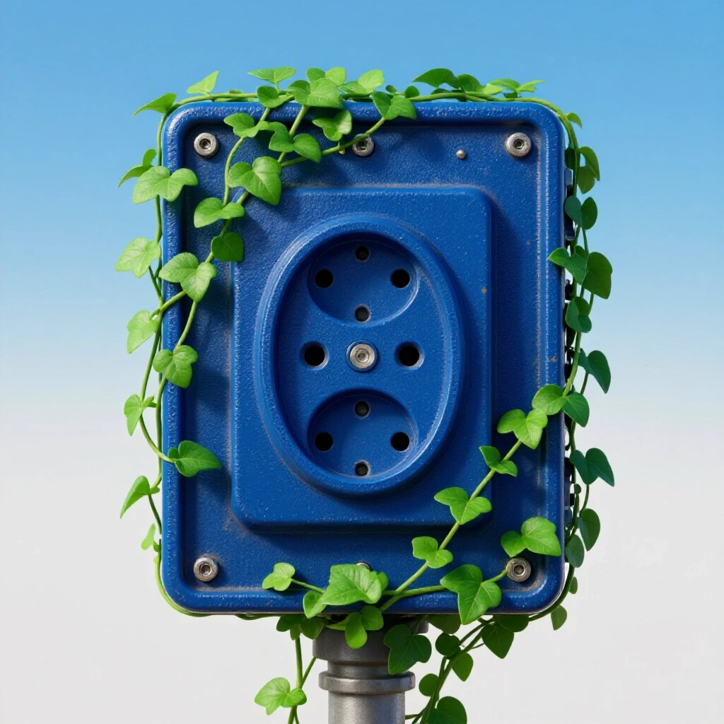 Close-up of a weathered outdoor electrical outlet surrounded by vibrant green vines with a clear blue sky in the background.