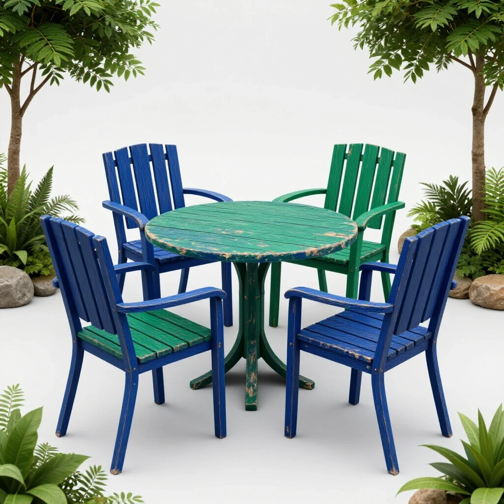 A vibrant garden scene showing a new outdoor furniture set contrasted with a weathered piece, highlighting durability.