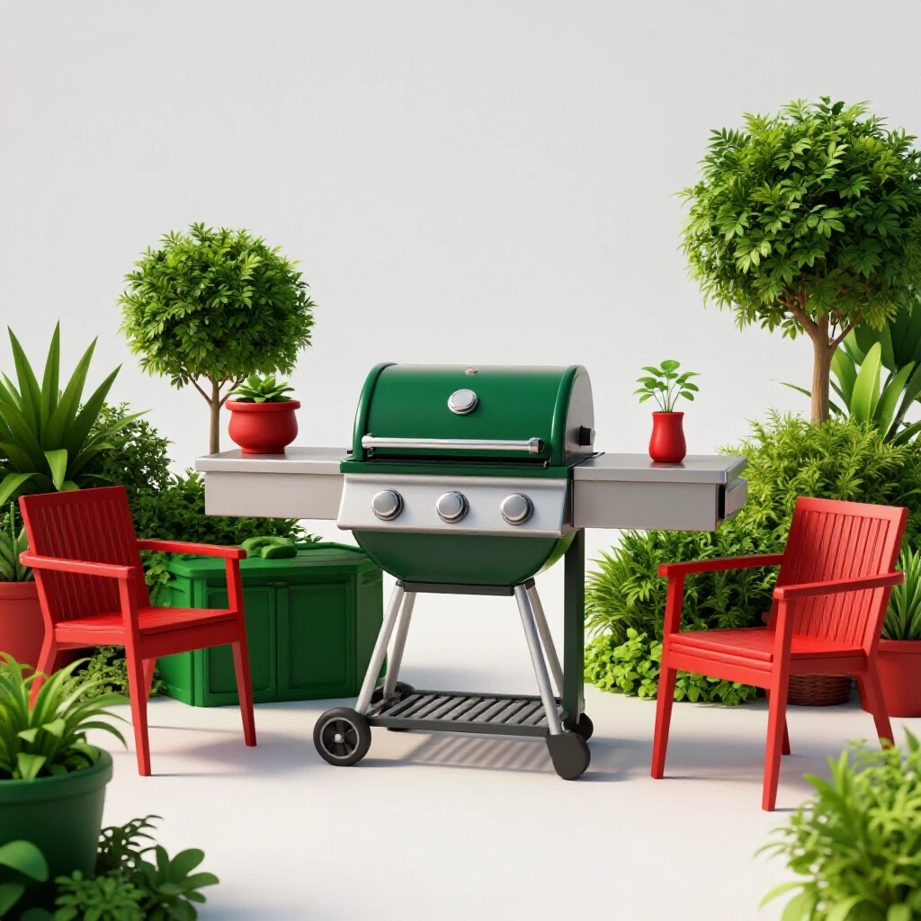 A beautifully designed outdoor grill area with vibrant greenery and decorative furniture, inviting and warm ambiance.