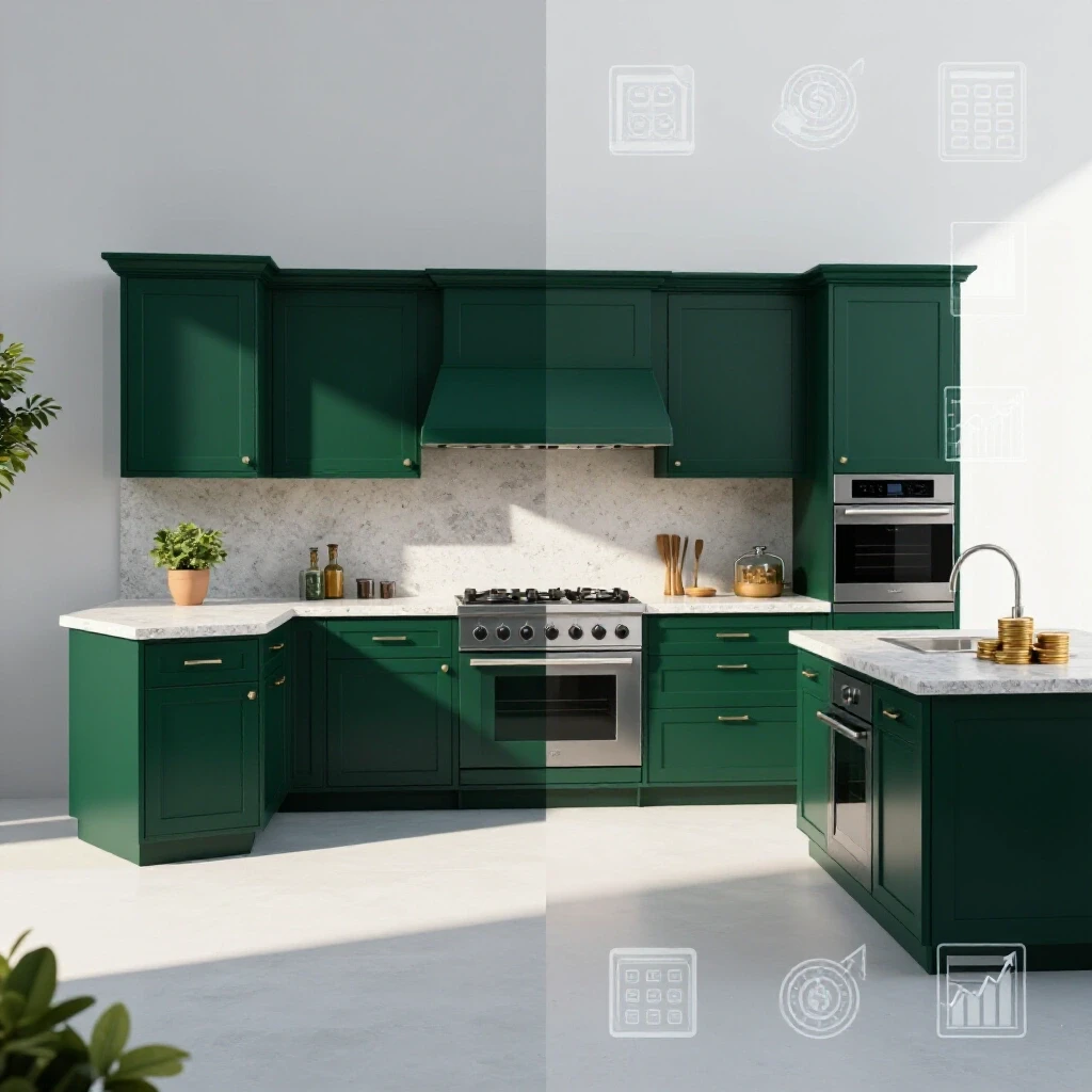 A split-screen image of an elegant outdoor kitchen contrasted with budget icons illustrating financial planning for remodeling.