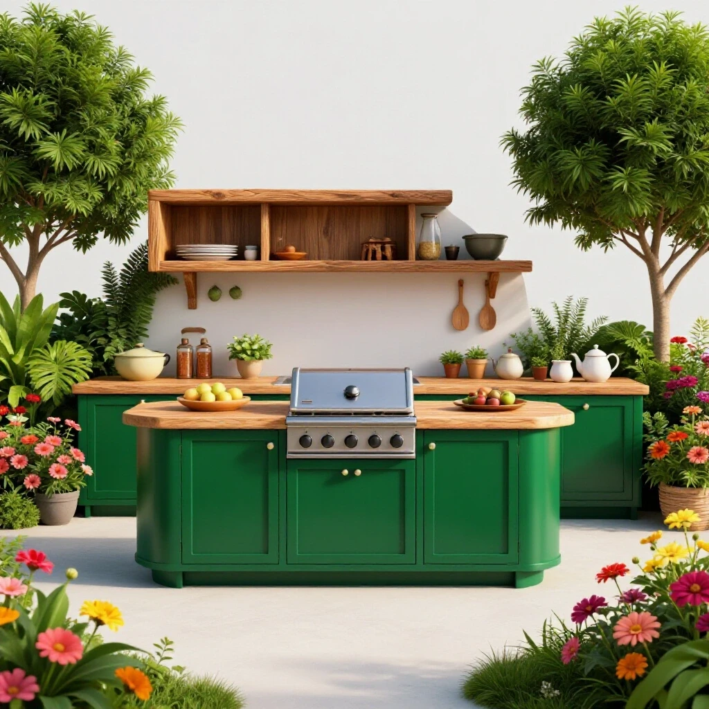 A vibrant outdoor kitchen, showcasing a modern cooking island surrounded by lush greenery and colorful flowers.