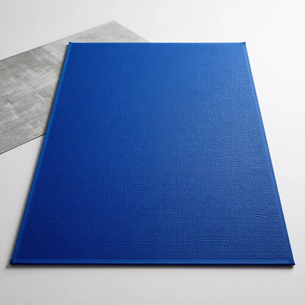 Vibrant blue outdoor mat with water droplets, showcasing water resistance against a rainy backdrop and a faded mat.