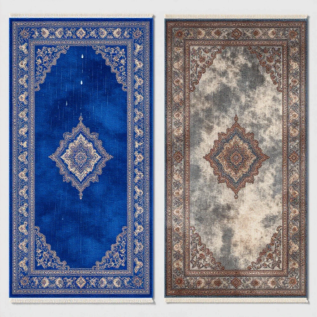 A vibrant outdoor rug contrasting with a faded version, with raindrops and sunlight illustrating weather durability.