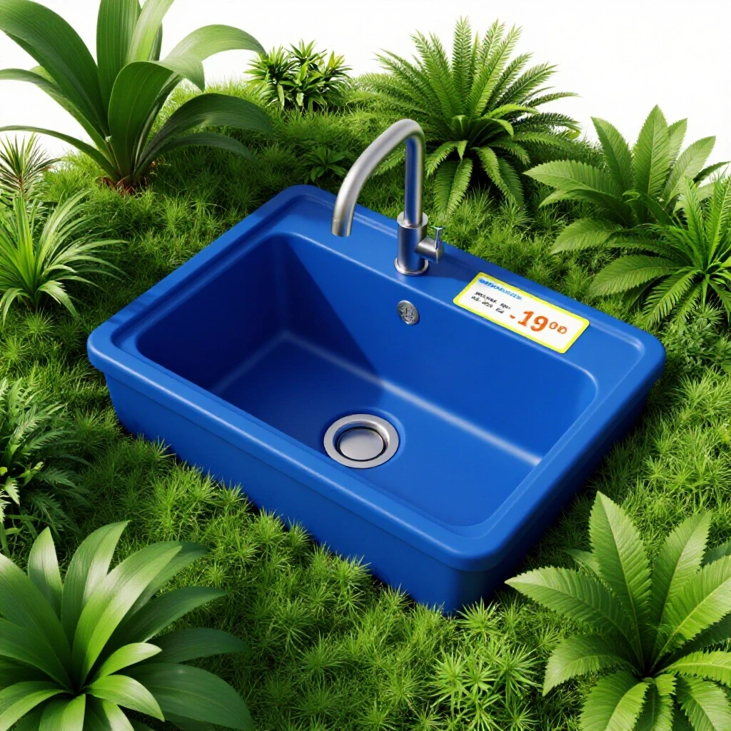 A beautifully designed outdoor sink surrounded by lush greenery with a budget-friendly price tag, showcasing elegance and functionality.