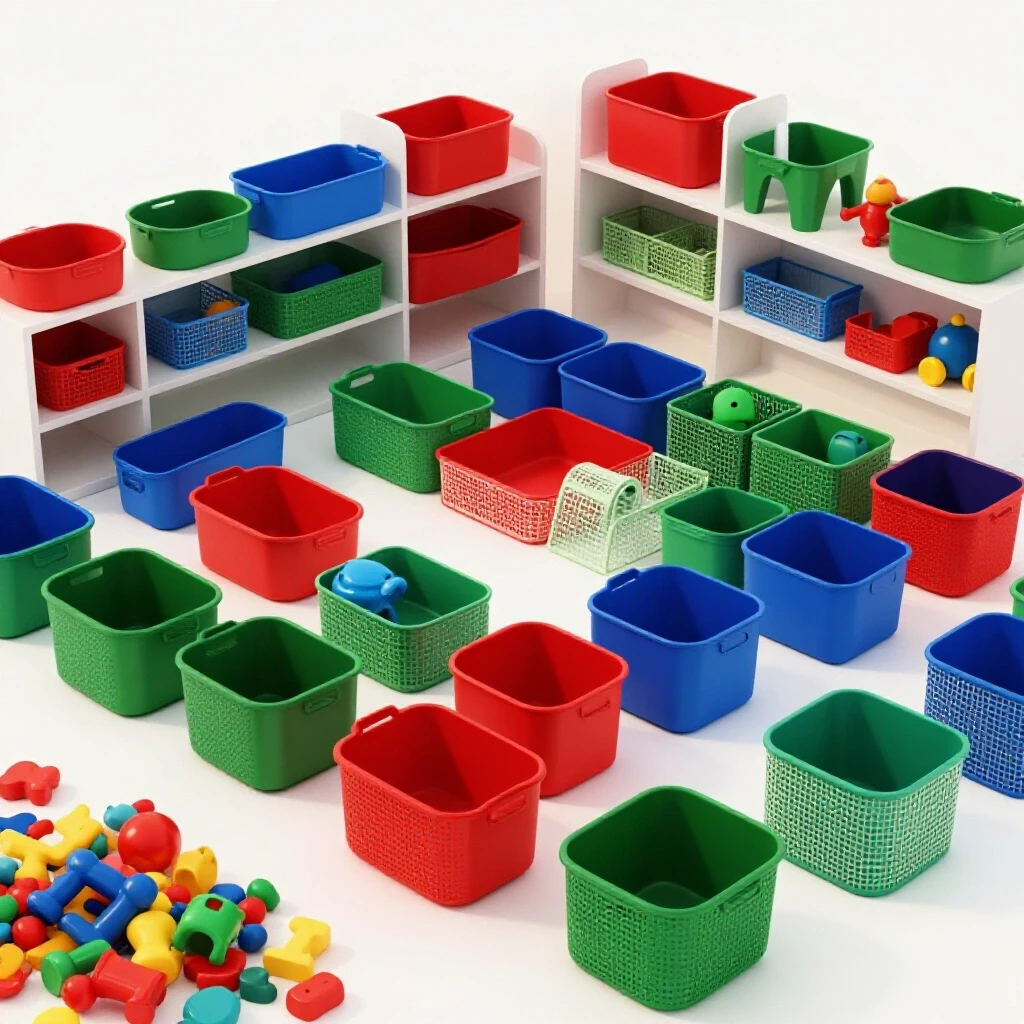 Colorful outdoor toys arranged in stylish storage solutions with an organized play space and a chaotic pile in the corner.