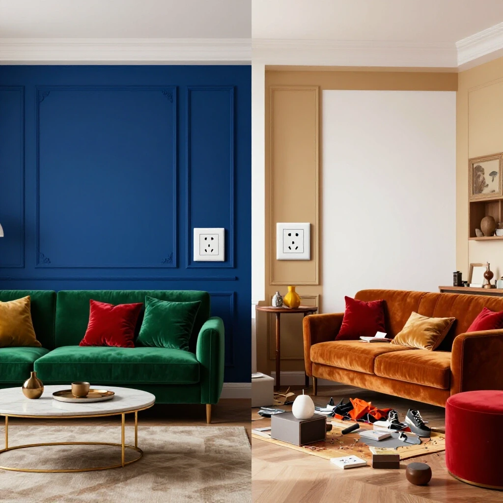 Comparative image of a renovated living room with ideal outlet placements versus a chaotic room with misaligned outlets.
